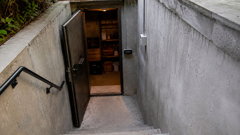 Puerta de seguridad reforzada y tuberías de ventilación pasiva en una bodega subterránea de hormigón armado