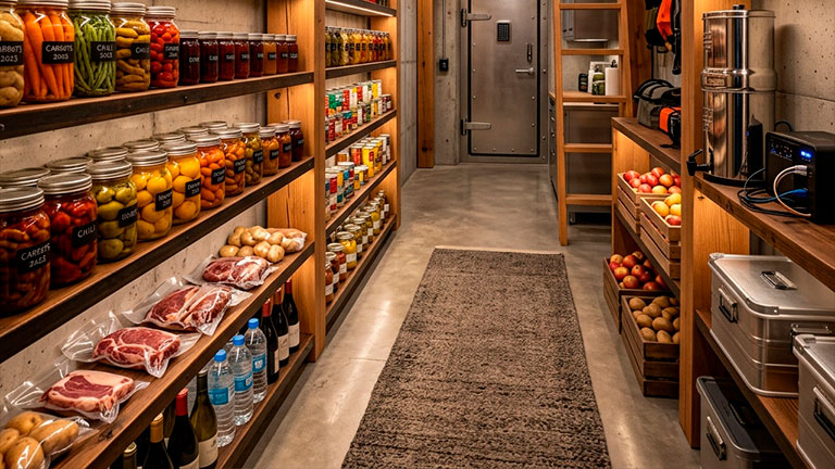 Interior moderno de una bodega subterránea de conservación construida en hormigón y madera con estantes repletos de frascos de conservas