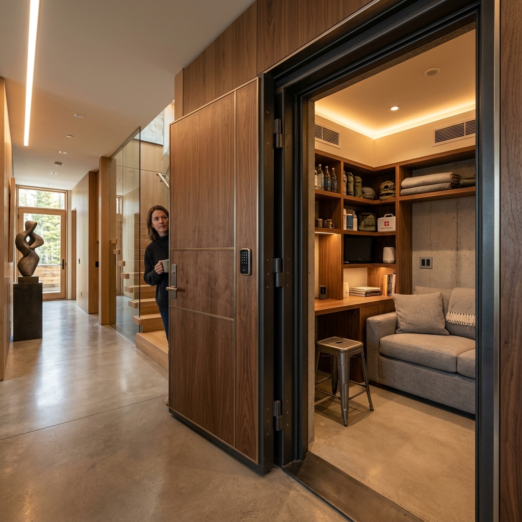 Arquitectura de alta seguridad mostrando una discreta puerta blindada integrada en un hogar moderno