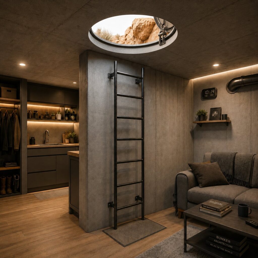 Detalle de puerta blindada y ventilación en un refugio de seguridad residencial
