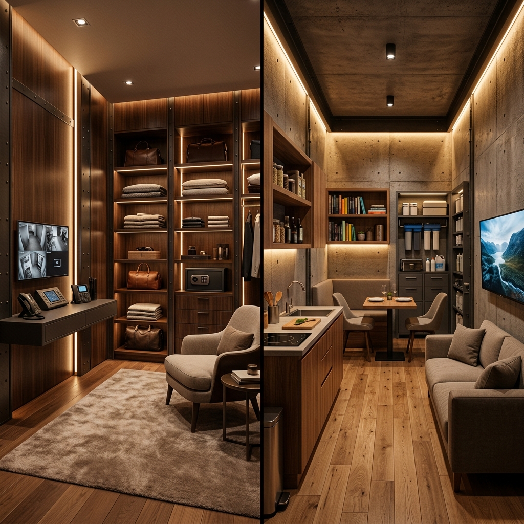 Composición arquitectónica comparando el interior de un cuarto de pánico residencial y el ambiente de un búnker subterráneo de alta gama.